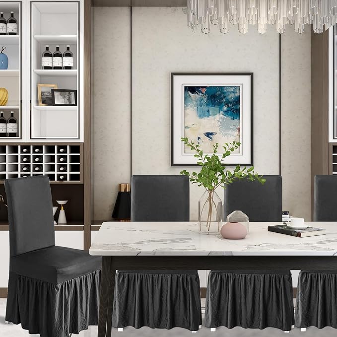 molasofa Chair Covers for Dining Room Set of 6 Stretch Chair Slipcovers with Skirt for Kitchen Seat Protectors Wedding Banquet Decor Kids Pets Spandex Fabric Washable (6pcs, Dark Grey) - Image 2