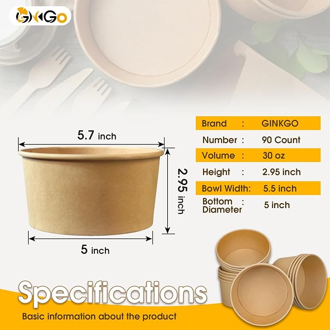 Ginkgo 90 Count 30 oz Extra Large Disposable Paper Bowls | Leak Proof, Heavy Duty Hot Soup Bowls Bulk for Ice Cream, Hot Soup, Salads, Dessert, Cereals, Cat and Dog Pet Bowls - Image 3