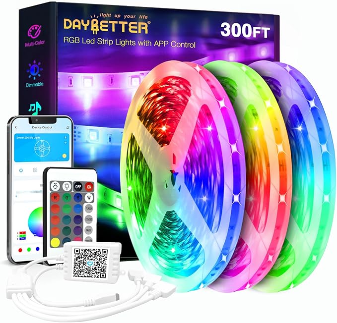 DAYBETTER Led Strip Lights 300 ft Ultra Long Smart Light Strips with App Voice Control Remote, 2835 RGB Music Sync Color Changing Lights for Bedroom, Kitchen, Party,Home Decoration