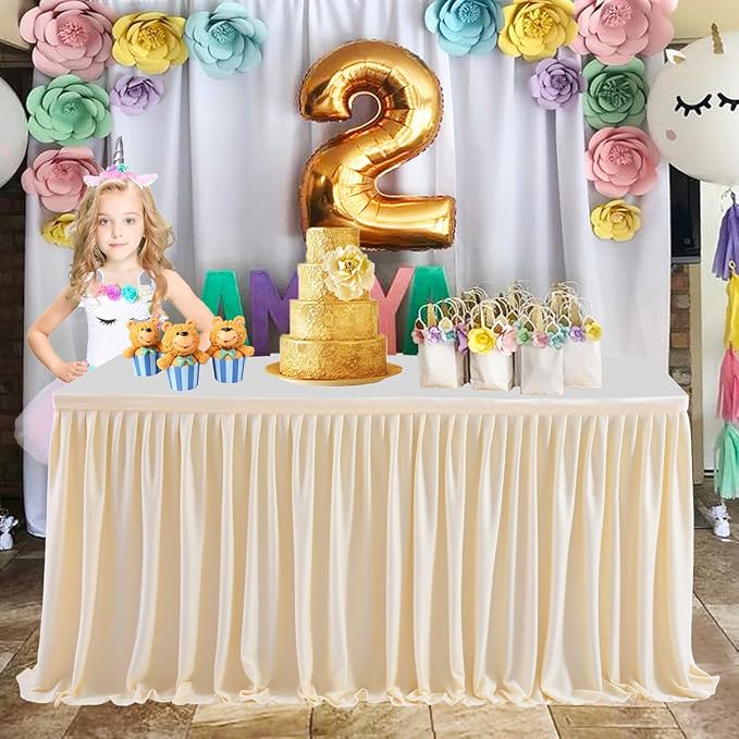 17ft Ivory Table Skirt for Rectangle Tables Polyester Pleated Table Skirt Desk Skirts Ruffle Tablecloth Skirt for Wedding Birthday Party Baby Shower Bridal Shower Banquet Table Decoration - Image 5