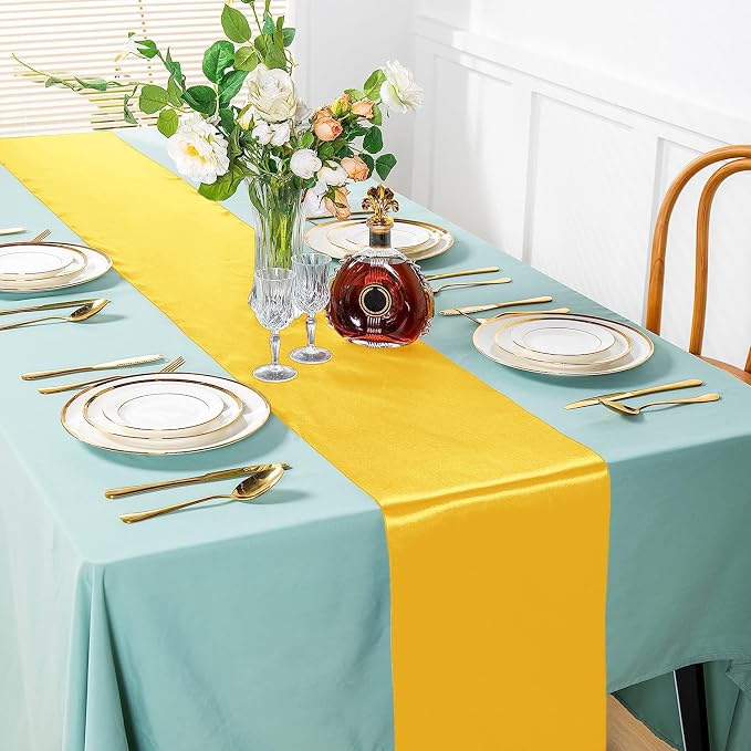 SI Pack of 10 Wedding 12 x 108 inch Satin Table Runner for Wedding, Decorations for Graduations, Engagements, Birthday Parties, Banquets, Runners fit Rectangle, Round Table - Yellow Gold - Image 2