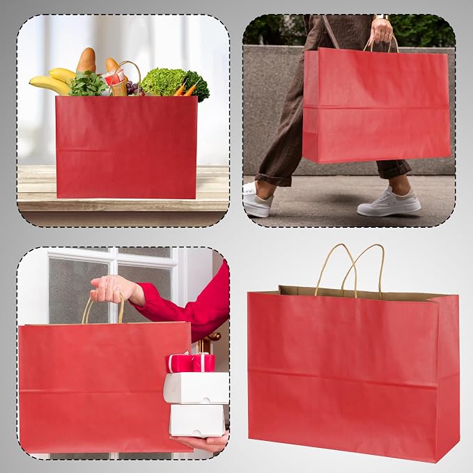 BLEWINDZ 70Pcs Large Paper Bags with Handles, 16x6x12 Inches Red Paper Shopping Bags for Small Business, Large Kraft Gift Bag Bulk for Grocery Mechandise Retail - Image 3