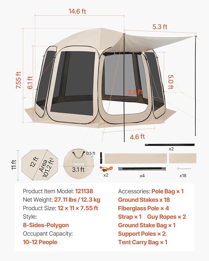 VEVOR Pop up Screen House Tent, 12 x 11 ft, 10-12 Person Screen Gazebo with Extended Awning, Portable Screened in Canopy with Carry Bag, Netting Sides, for Patio, Backyard, and Outdoor Activities
