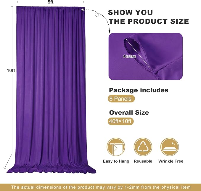 40x10ft Purple Backdrop Curtains for Parties, 8 Panels 5x10ft Wrinkle-Free Polyester Background Curtains for Wedding, Birthday, Baby Shower,Graduation, Decorations - Image 6