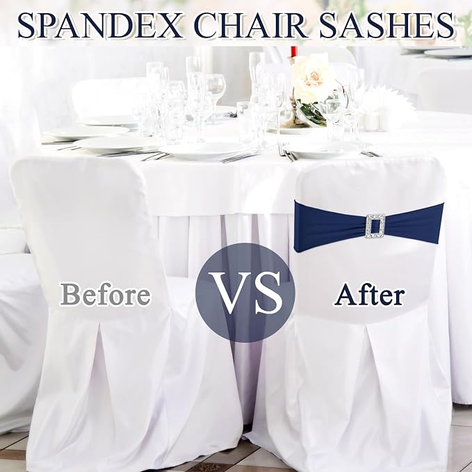 VitalCozy 100 Pcs Spandex Chair Sashes Wedding, Square Buckle, Navy Blue - Image 4