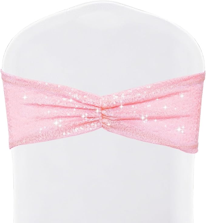 SquarePie Sequin Chair Sashes Bows 10 Pack Pink Shiny Chair Sahes Bands for Wedding Banquet Party Decor by SquarePie