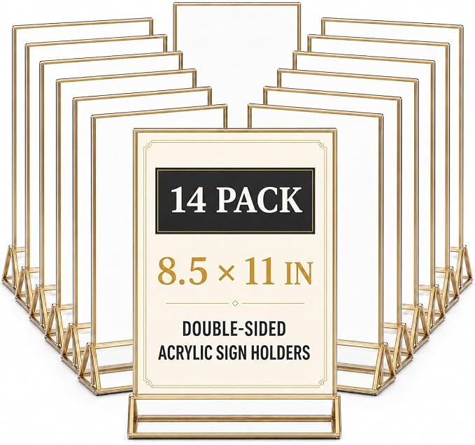 14 Pack Acrylic Sign Holder 8.5x11 Gold Frames, Wedding Table Number Holders Double Sided Vertical Clear Display Stand, Picture Holders for Tables, Menus, Flyers, Party and Office Decor by DECOHOBO