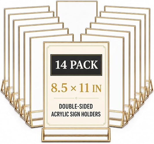 14 Pack Acrylic Sign Holder 8.5x11 Gold Frames, Wedding Table Number Holders Double Sided Vertical Clear Display Stand, Picture Holders for Tables, Menus, Flyers, Party and Office Decor by DECOHOBO