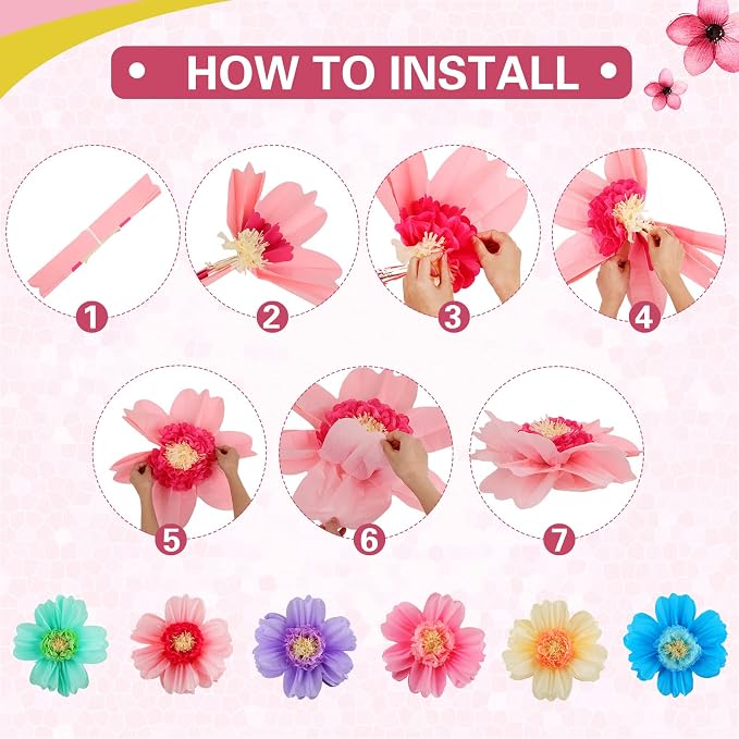 Crowye 24 Pcs Large Tissue Paper Flower Decor,10'' 20'',Colorful | Giant Craft Crepe Paper Flower, Colorful, for Wall Decorations Backdrop Mexican Wedding Birthday Carnival School Party - Image 4