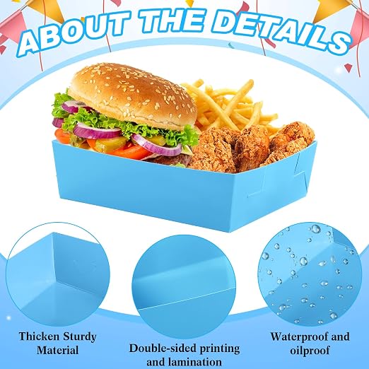 Uiifan 50 Pcs 5 lb Extra Large Paper Food Trays Disposable Food Boat Nacho Plate Serving Snack Trays Grease Resistant Self-assembly for Back to School Party Birthday Wedding Supply (Sky Blue) - Image 4