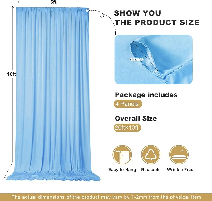 20x10ft Baby Blue Backdrop Curtains for Parties, 4 Panels 5x10ft Wrinkle-Free Polyester Background Curtains for Wedding, Birthday, Baby Shower,Graduation, Decorations - Image 5