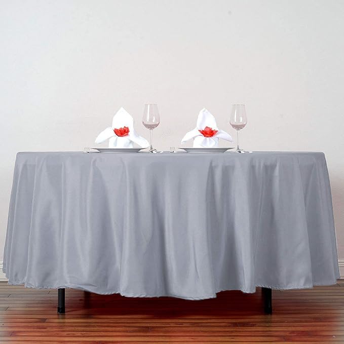 Balsa Circle 10 pcs 108 inch Silver Round Washable Polyester Easy-Care Tablecloth for Indoor and Outdoor Bridal Shower Wedding Table Buffet Table Parties Events Kitchen Dining - Image 4