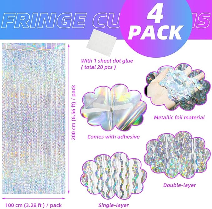 Silver Glitter Foil Fringe Streamer Metallic Wavy Tinsel Curtain for Birthday Wedding Engagement Baby Shower, 4 Pack 6.56 x 3.28 FT Wave Streamer Backdrop Party Backdrop Photo Booth Door Decoration