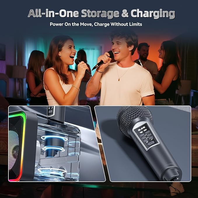 215 Bluetooth Karaoke Machine for Adult Kid with Storage and Charging Station, Powerful Karaoke System, 12H Playtime, Rechargeable Wirless Microphone, Support USB/AUX Indoor Outdoor
