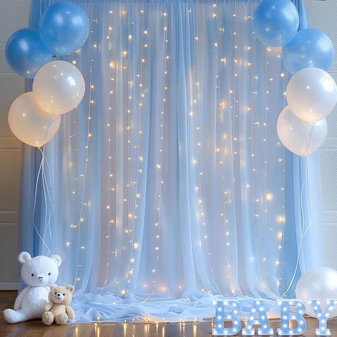 10ft x 10ft Blue Backdrop Curtain with Lights String for Parties, Sheer Tulle Wedding Photo Backdrops Drapes for Baby Shower Birthday Party Decorations Background for Photography - Image 2