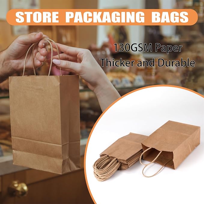 STOBOCTER 100Pcs Paper Gift Bags, 5.9"x3.15"x8.25" Gift Wrap Bags with Handles, Brown Kraft Paper Bags for Small Business, Paper Bags Bulk for Birthday Party Favors, Shopping, Grocery, Retail, Craft - Image 3