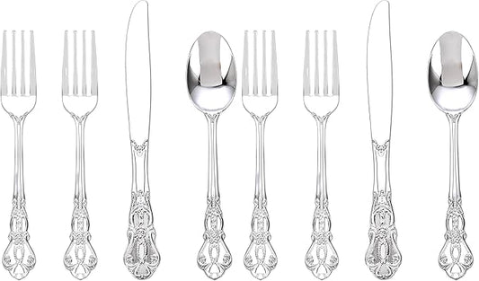 40PSC Silver Plastic Cutlery - Vintage Silver Disposable Silverware - Heavyweight Plastic Utensils with 20 Forks, 10Knives, 10 Spoons For Catering, Parties, Dinners and Weddings (Pack of 2)