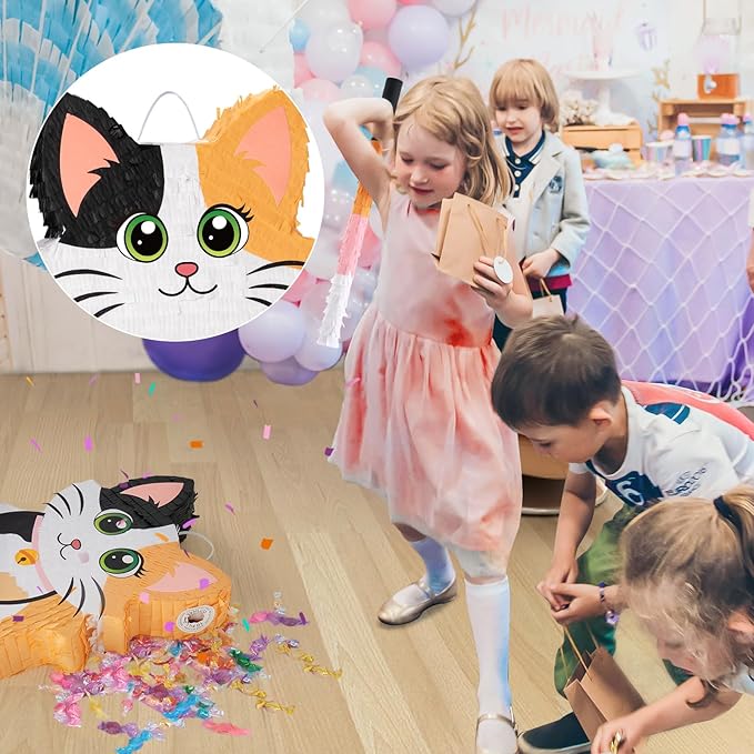 Wernnsai Kitten Cat Piñata - Cat Kitten Decorations For Kids Girls Birthday Cute Animal Party Game For Cat Lady KittenParty Supplies Favor With Bat Blindfold 16“ x 12.5" x 3"