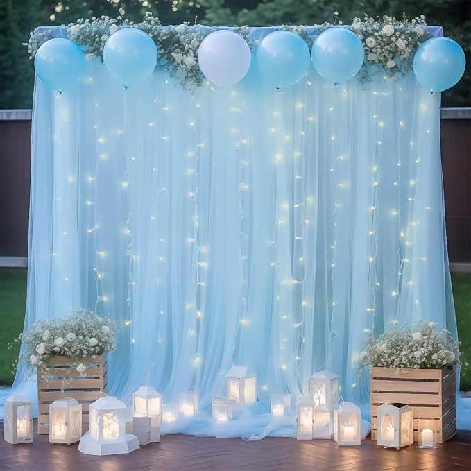 10ft x 8ft Blue Backdrop Curtain with Lights String for Parties, Sheer Tulle Wedding Photo Backdrops Drapes for Baby Shower Birthday Party Decorations Background for Photography by Shillance