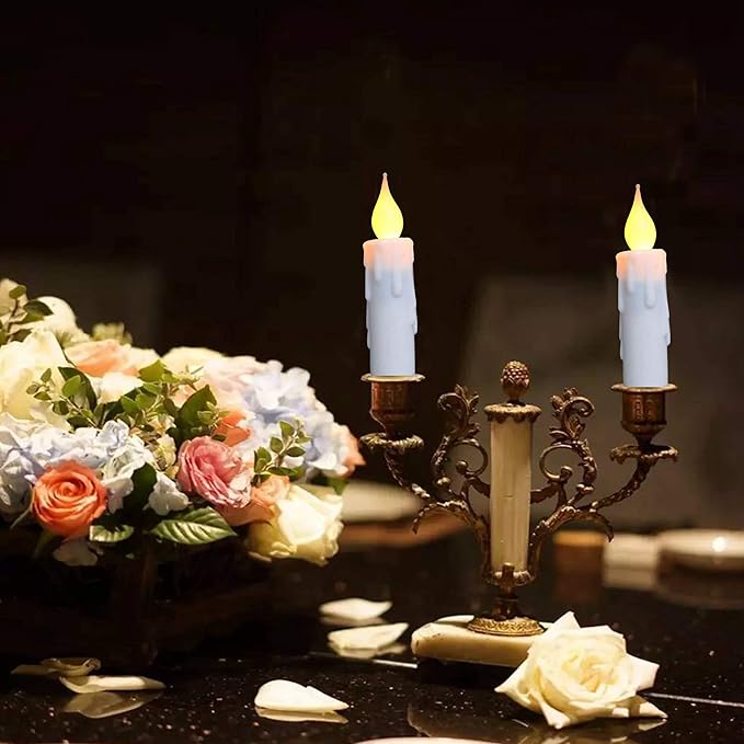 LINCOUNTRY.White Short Taper Candles Battery Operated Flickering Small Flameless Taper Candles with Timer Realistic,4.75inch Short Candlestics Fireplace Christmas Halloween Decor