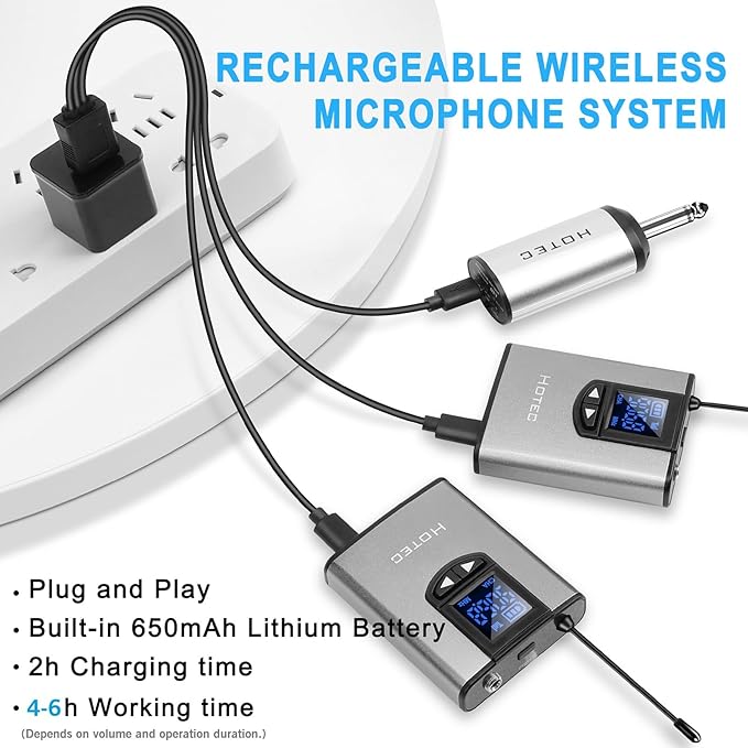 Hotec Wireless System with Dual Headset Microphones/Lavalier Lapel Mics and Bodypack Transmitters and One Mini Rechargeable Receiver 1/4" Output, for Live Performances