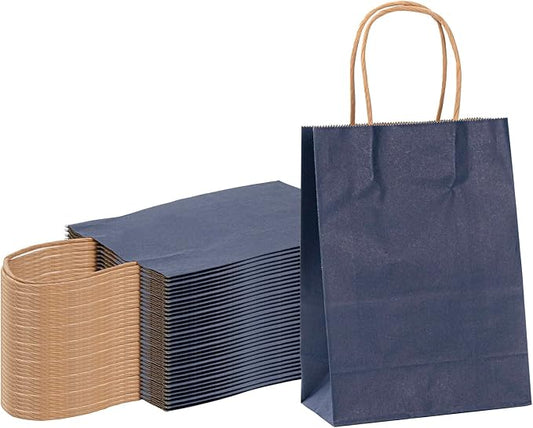 Restaurantware-Saving Nature 5.9 x 3.1.5 x 8.27 Inch Shopping Bags, 100 Small Retail Bags With Handles - Sustainable, Durable, Dark Blue Paper Merchandise Bags, For Wedding, Birthday Party Favor by Restaurantware