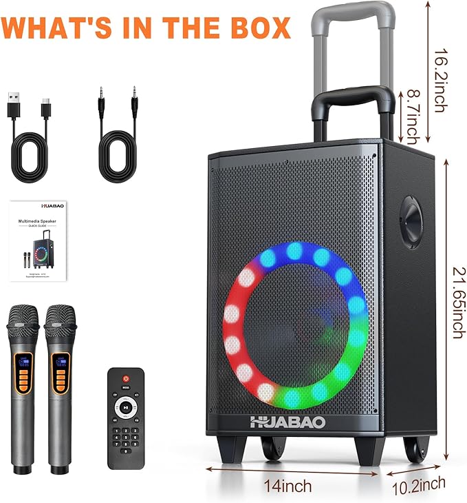 Large Bluetooth Karaoke Speaker with 2 Wireless Microphones, 11 Speaker System with 8800mAh Battery, Trolley PA System with Lights, Remote, FM/AUX/USB/TF, Bass & Treble Adjust, Ideal for Outdoor Party