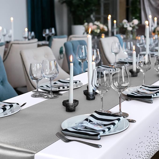 8 Pack White and Silver Tablecloths and Satin Runners Set | 54x108 Inch Disposable Tablecloth and 12x108 Inch Satin Runners for Wedding Birthday Party Baby Shower Christmas New Year - Image 6