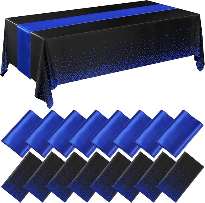 8 Pack Black and Blue Tablecloths and Satin Runners Set | 54x108 Inch Disposable Tablecloth and 12x108 Inch Satin Runners for Wedding Birthday Party Baby Shower Christmas New Year by Breling