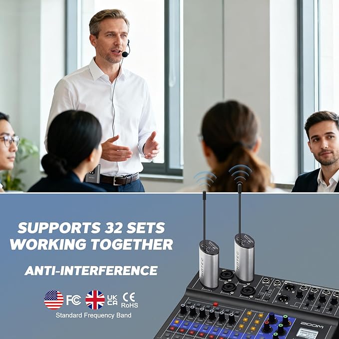 Hotec Wireless System with Dual Headset Microphones/Lavalier Lapel Mics and Bodypack Transmitters and One Mini Rechargeable Receiver 1/4" Output, for Live Performances