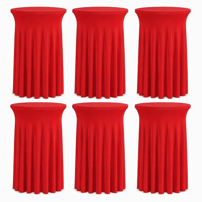 Fivenl 6 Pack Round Cocktail Tablecloth 32"x 43" Spandex Cocktail Table Skirt, Washable Stretch Fitted Table Covers for High Top Bar,Wedding,Party,Events (Red) by Fivenl