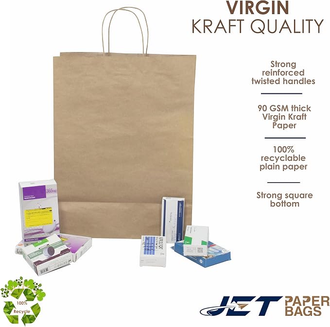 JET PAPER BAGS - 200Pack Kraft Paper Bags with Handles Bulk, 12.5x6.5x15.5 Inch Brown Paper Bags, Kraft Shopping Bags for Small Business Merchandise,Wedding Party Favor Bags (Brown, Pack of 200) - Image 3