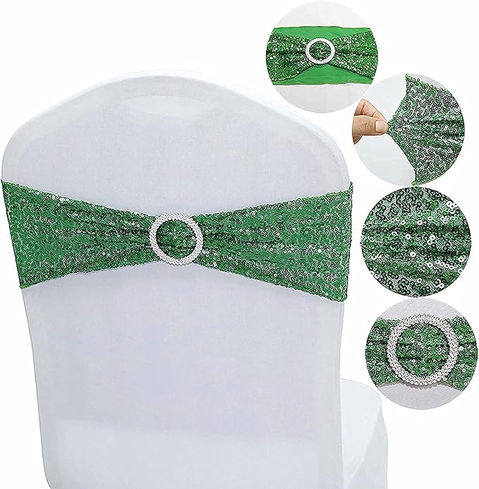 NC Sequin Chair Sashes Spandex, Pack of 6 Sequin Stretch with Buckle Chair Bands for Wedding Banquet Birthday Graduation Party St.Patrick's Day Chair Decorations (Green, 6pcs) - Image 3