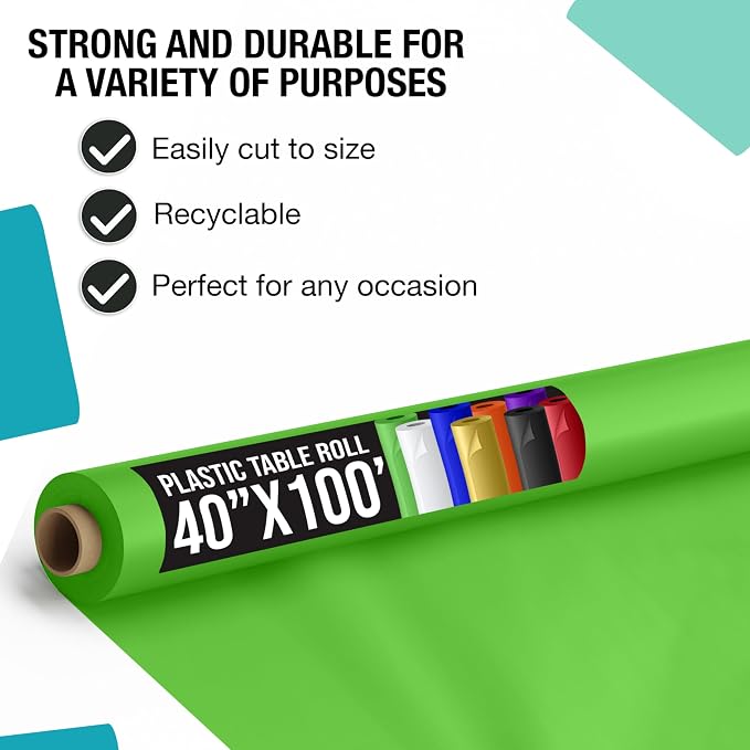 Party Solids Lime Plastic Table Cover Roll Pack of 6, 40" X 100' Table Cloth Plastic Cover Roll - Premium Quality Thick 0.5 MIL Banquet Rolls - Disposable Tablecloth Rolls - Image 2