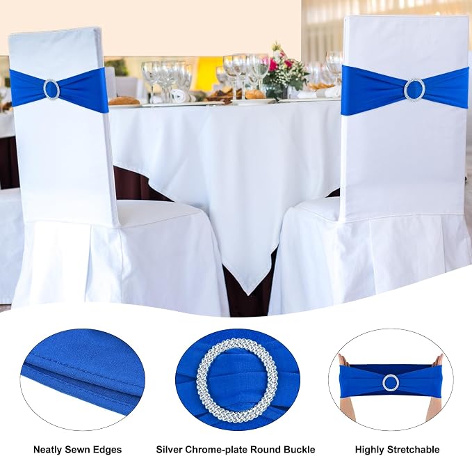 Royal Blue Chair Sashes 100 Pack Spandex Stretch Chair Band Sashes with Buckles for Folding Chairs Wedding Party Reception Baby Shower Events Banquet Decorations - Image 3