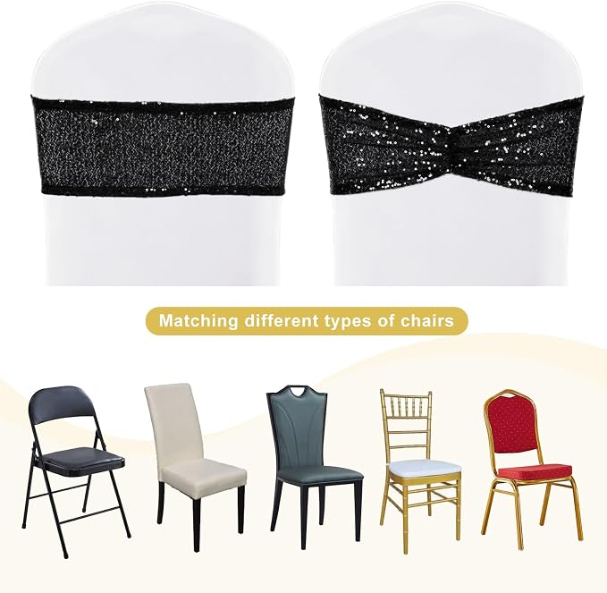 SquarePie Pack of 10 Sequin Chair Sashes Glitter Black Bows Bands for Wedding Banquet Party Decor - Image 8