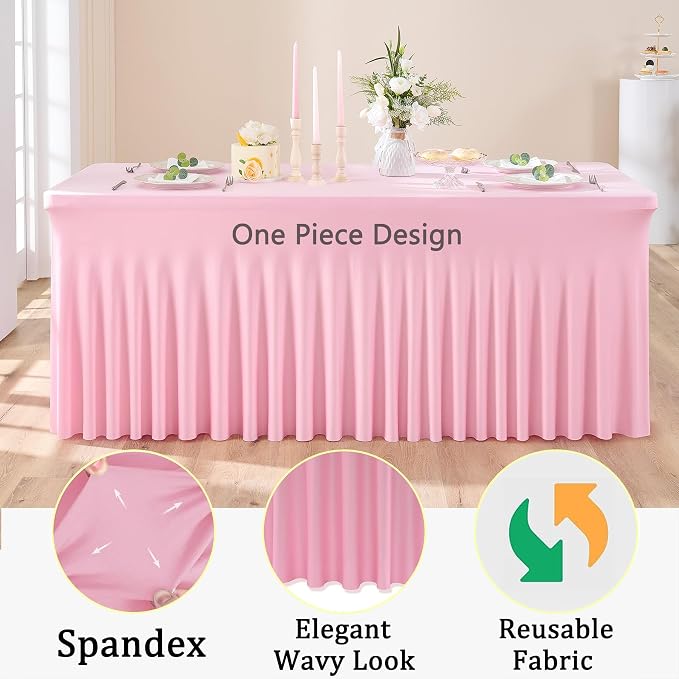 3pk Baby Pink Spandex Tablecloths for 8 Foot Rectangle Tables, Stretchy Table Cloths 8FT Pink Fitted Table Cover Desk Skirt for Wedding Party Birthday Banquet Baby Shower - Image 3