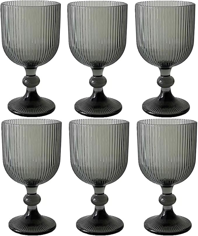 Water Goblets set of 6 Vintage Glassware 13 oz Colored Wine Glass Drinking Glass Vertical Line Embossed Pattern Stemmed Cups for Wedding Party Bar Grey