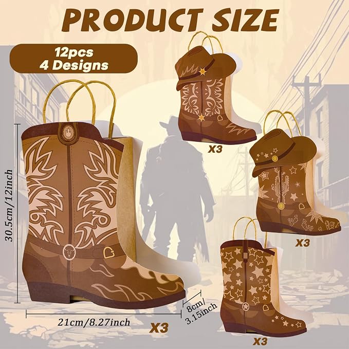12Pcs Cowboy Boots Paper Bags Western Theme Party Decorations Favors Wild West Kraft Gift Bag with Handles Rodeo Cowgirl Boot Hat Goodie Bag for Cowboy Birthday Bachelorette Baby Shower Party Supplies - Image 2