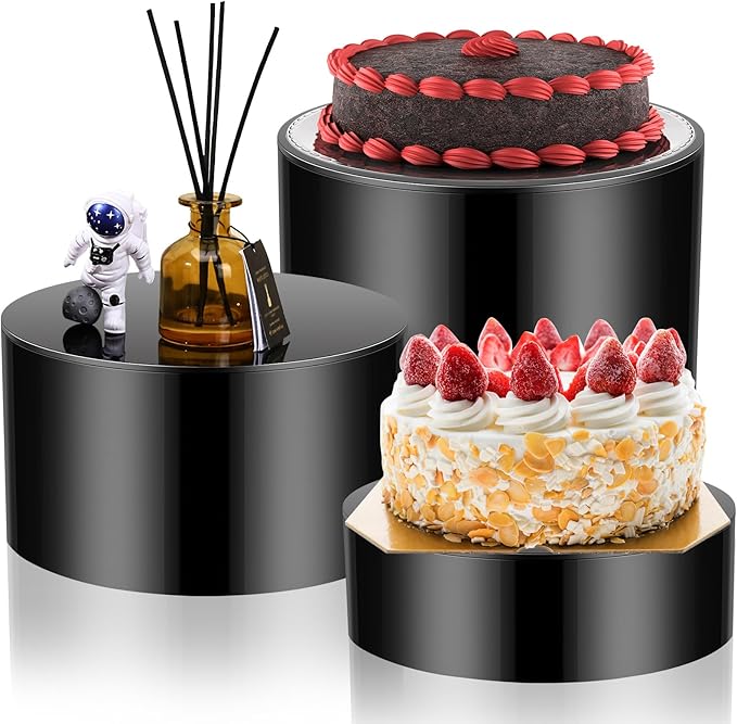 Weysat 3 Pcs Acrylic Risers for Display Stands, Round Cake Dessert Stand 3 Sizes, 6"x2", 7"x4", 8"x6", Food Risers Cylinder Nesting with Hollow Bottom for Wedding Parties Brunch Jewelry Show (Black)