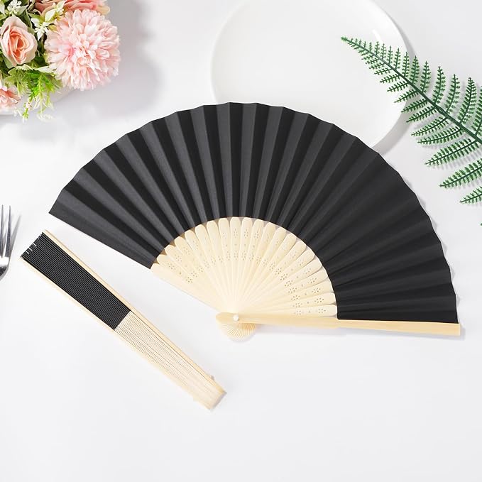 Sepwedd 50pcs Black Paper Hand Fan Bamboo Folding Fan Handheld Paper Fan | Handheld Paper Fan for Wedding Party and Home Decoration - Image 4