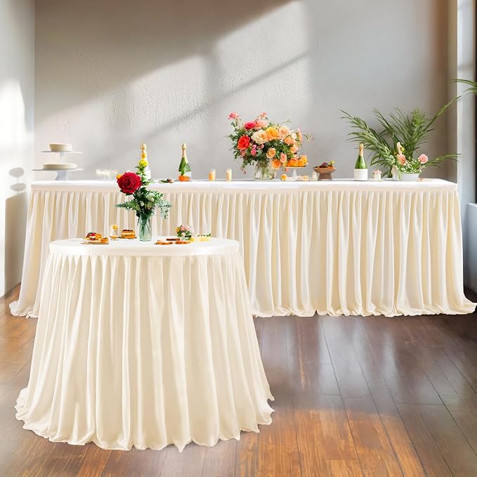 Ivory Table Skirt - 12ft Rectangle Table Polyester Pleated Ruffle Tablecloth for Wedding, Birthday, Baby Shower, Bridal Shower & Banquet Decoration - Image 3
