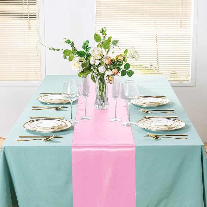 SI Pack of 50 Wedding 12 x 108 inch Satin Table Runner for Wedding, Decorations for Graduations, Engagements, Birthday Parties, Banquets, Runners fit Rectangle, Round Table - Pink - Image 4