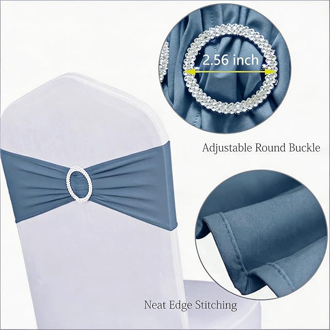 Spandex Dusty Blue Chair Sashes 100 Pack for Wedding Party Decorations, Elastic Chair Bands Bows for Party, Without White Chair Covers (Dusty Blue) - Image 4