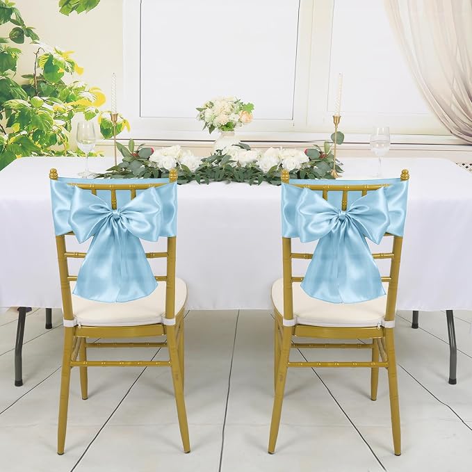YMHPRIDE 60 PCS Baby Blue Satin Chair Sashes,Ties Bows Designed Chair Sashes for Wedding Party Baby Shower Banquet Restaurant Hotel Folding Chairs Decoration(Light Blue,7x78 inch) - Image 2
