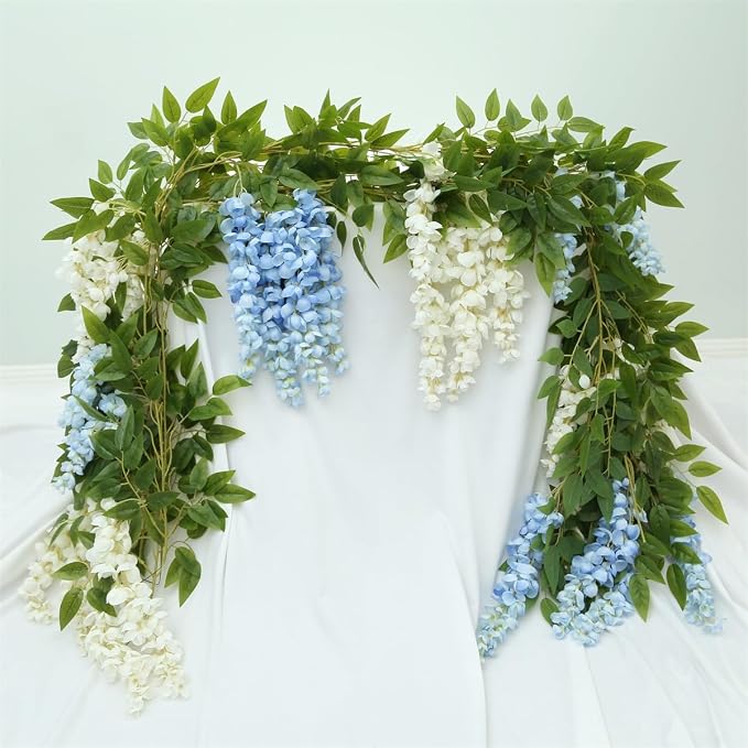 4 Pcs Two-Tone Flower Vine Artificial Wisteria Garland Silk Faux Hanging | blue-white Suitable for Home Hotel Stairs Wedding Arch Party Indoor Outdoor Decoration - Image 4