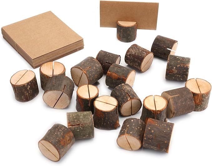 Tosnail 50 Pieces Wooden Place Card Holders with 50 Kraft Paper Cards, Rustic Wood Table Number Stands, Photo Holder for Wedding Party Decoration, Photo Display