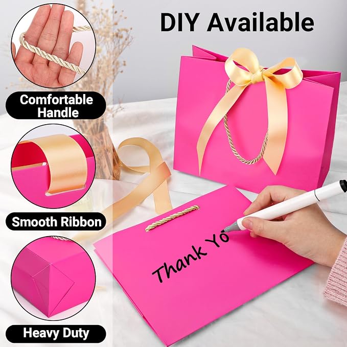 EUSOAR Paper Bags with Handle, 50pcs 8.6"x3.9"x7" Heavy Duty Hot Pink Thank You Gift Bags with Bow Ribbon Handle, Gift Treat Party Favor Paper Bags Bulk for Merchandise Shopping Wedding Birthday - Image 3