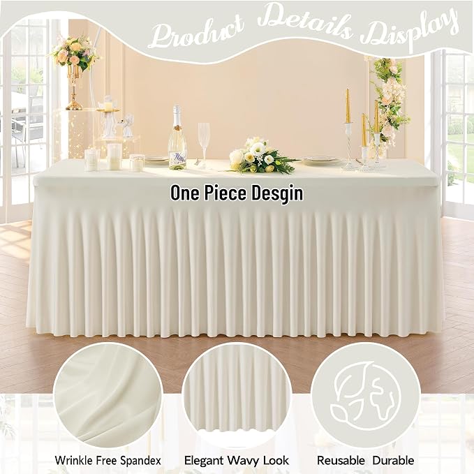 leegleri 2 Pack Ivory Spandex Fitted Table Clothes for 8 Foot Rectangle Tables, Wrinkle Free 8ft Spandex Table Cover with Skirt for Banquet Weddings Parties - Image 3