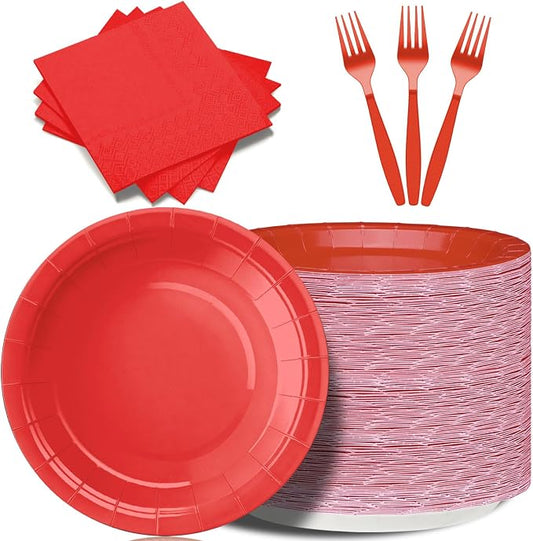 Red Paper Plates and Napkins Include 7inch Red Dessert Plates,Napkins,Plastic Forks, Disposable Red Party Supplies for Valentines Day,Birthday Party, Wedding, Family, Picnic for 50 Guests by CENLBJ
